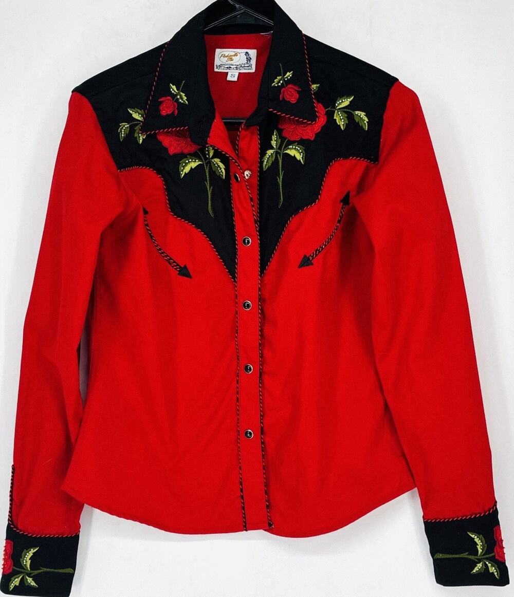Panhandle Slim Red Black Embroidered Rose Western Snap Shirt Cowgirl Sz S USA